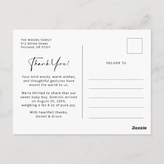 新生児の赤ちゃん男の子の写真 感謝のポストカード ポストカード (裏面)