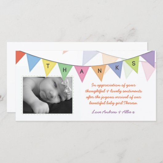 新生児は感謝の旗のフォトカード感謝していしています サンキューカード (正面/裏面)