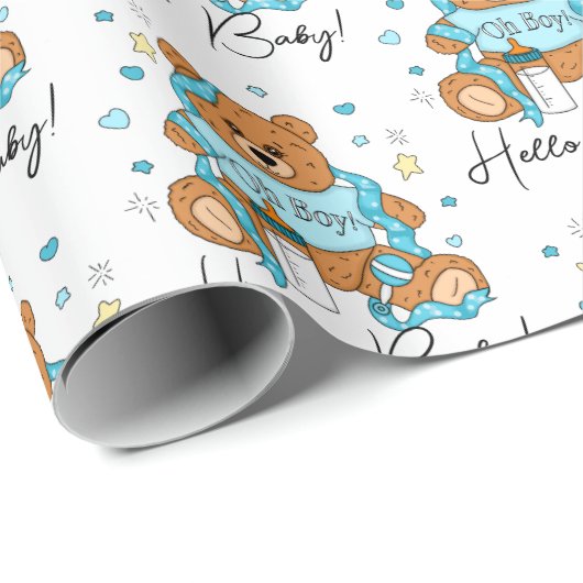 新生児またはベビーシャワーブルーテディベア ラッピングペーパー (ロールコーナー)