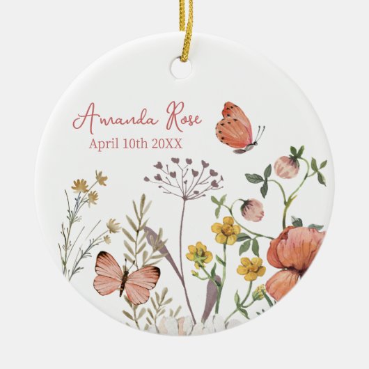 新生児オーナメント誕生日ワイルドフラワー セラミックオーナメント (正面)