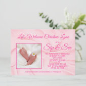 新生児ガールクリーミーピンク"sipと参照"パーティー 招待状 (スタンド正面)