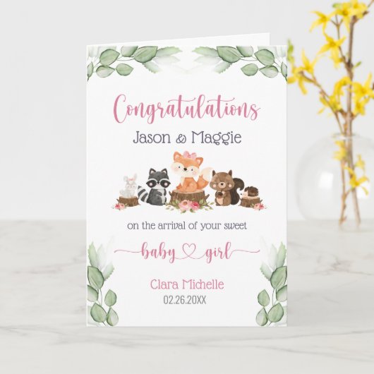 新生児ガールピンクおめでとうパーソナライズされた。 カード (黄色い花)