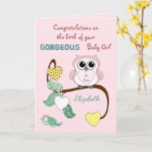 新生児ガールピンクかわいいフクロウ カード (黄色い花)