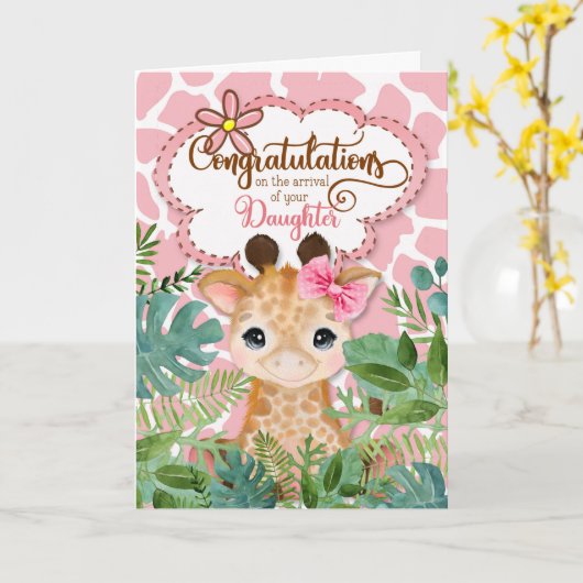 新生児ガールピンクのキリンのジャングルコングトラディエンス カード (黄色い花)