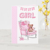 新生児ガールピンクのドットのグリーティングカード カード (黄色い花)