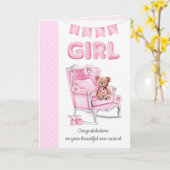 新生児ガールピンクのドットのグリーティングカード カード (黄色い花)