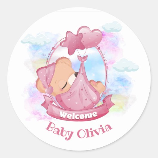 新生児ガールピンクテディベアバルーン ラウンドシール (正面)