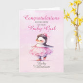 新生児ガールピンクペンギンバレリーナ カード (黄色い花)