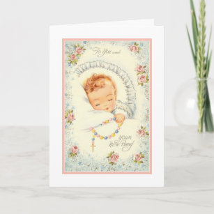新生児ガールピンクローズロザリオカトリック カード