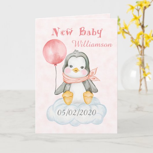 新生児ガールペンギンパーソナライズされた カード (黄色い花)