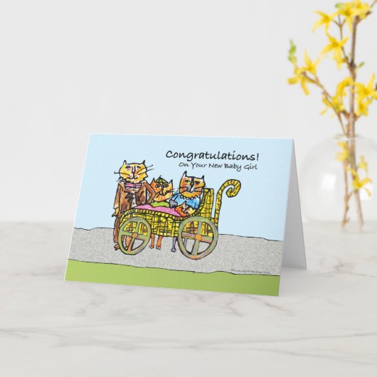 新生児ガール猫ファミリーおめでとう カード (黄色い花)
