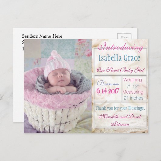 新生児ガール発表葉書のご紹介 案内ポストカード (正面/裏面)
