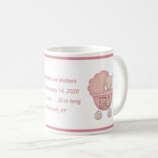 新生児ガール誕生情報かわいいベビーキャリッジ コーヒーマグカップ (正面右)