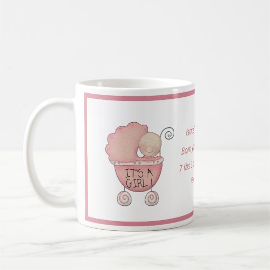 新生児ガール誕生情報かわいいベビーキャリッジ コーヒーマグカップ (左)