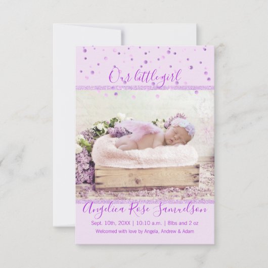 新生児ガール誕生統計ラベンダー薄紫 | フォト 案内状 (正面)