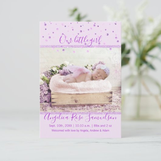 新生児ガール誕生統計ラベンダー薄紫 | フォト 案内状 (スタンド正面)