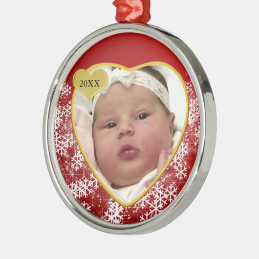 新生児クリスマス赤いハート写真誕生年 メタルオーナメント (左)