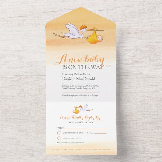 新生児シャワーストークデリバリーウォーター色オレンジ オールインワン招待状 (内側)