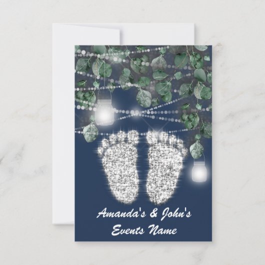 新生児シャワー足グリッターシルバーガールボーイネイビー 招待状 (裏面)