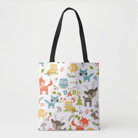 新生児タイポグラフィと可愛い木動物 トートバッグ (正面)