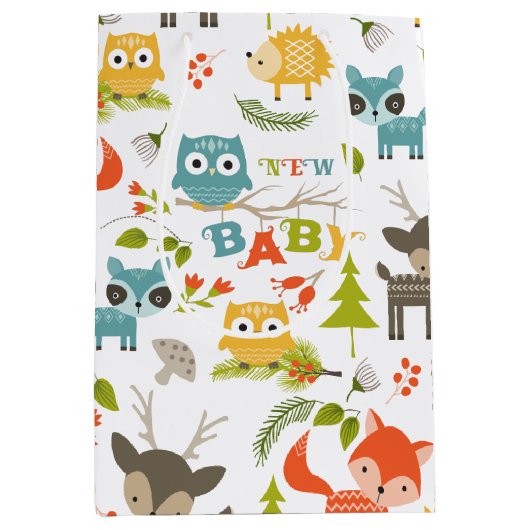 新生児タイポグラフィと可愛い木動物 ミディアムペーパーバッグ (正面)