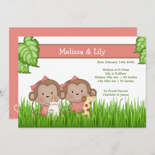 新生児ツインガールズキュートモンキー 案内状 (正面/裏面)