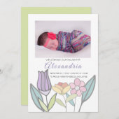 新生児パステルパーソナライズされたフラワーズ（緑） 案内状 (正面/裏面)