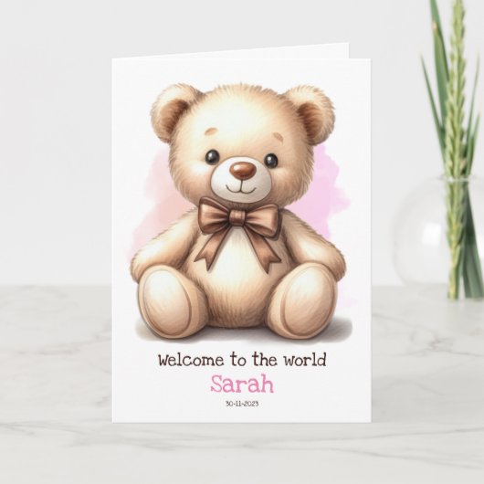 新生児パーソナライズされたピンクテディベアカード カード (正面)