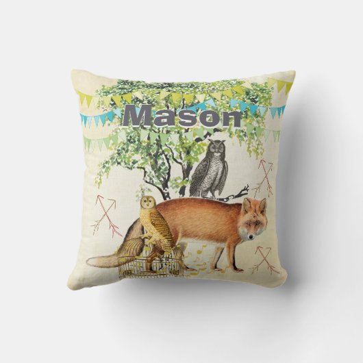 新生児パーソナライズされたボーイの部屋かわいいキツネとフクロウ クッション (裏面)