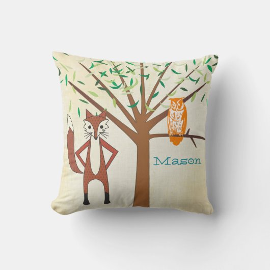 新生児パーソナライズされたボーイの部屋かわいいキツネとフクロウ クッション (正面)