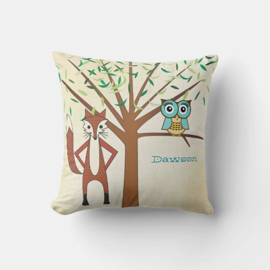 新生児パーソナライズされたボーイの部屋かわいいキツネとフクロウ クッション (正面)