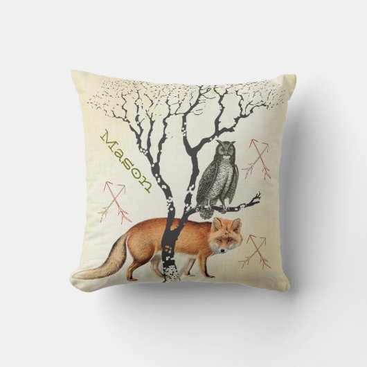 新生児パーソナライズされたボーイの部屋かわいいキツネとフクロウ クッション (正面)