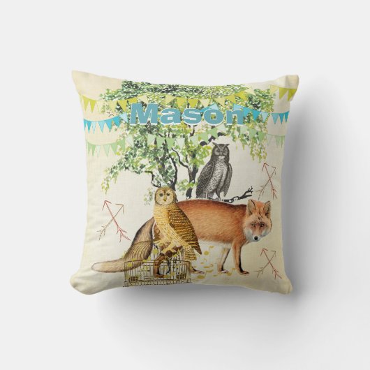 新生児パーソナライズされたボーイの部屋かわいいキツネとフクロウ クッション (正面)