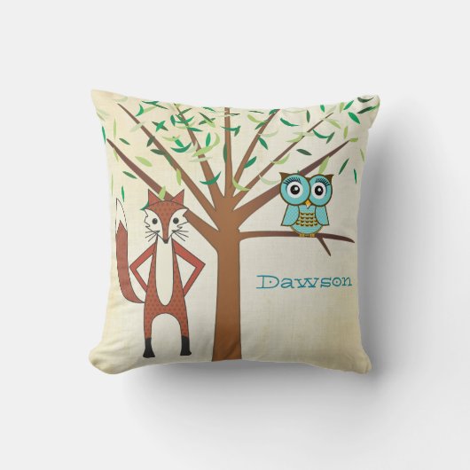 新生児パーソナライズされたボーイの部屋かわいいキツネとフクロウ クッション (正面)