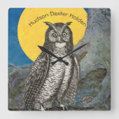 新生児パーソナライズされたボーイズルームイエローグレーフクロウ スクエア壁時計 (正面)