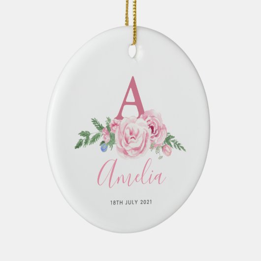新生児パーソナライズされた記念ピンクのフローラプレゼント セラミックオーナメント (右)