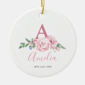 新生児パーソナライズされた記念ピンクのフローラプレゼント セラミックオーナメント (正面)