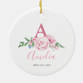 新生児パーソナライズされた記念ピンクのフローラプレゼント セラミックオーナメント (裏面)