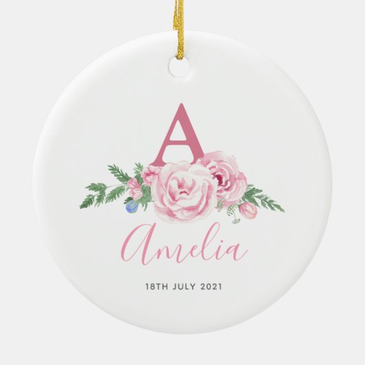 新生児パーソナライズされた記念ピンクのフローラプレゼント セラミックオーナメント (裏面)