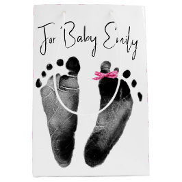 新生児フットプリントと水玉模様ボウ ミディアムペーパーバッグ