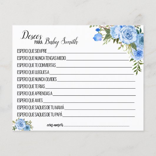 新生児ブルーの赤ちゃんシャワーカード (裏面)