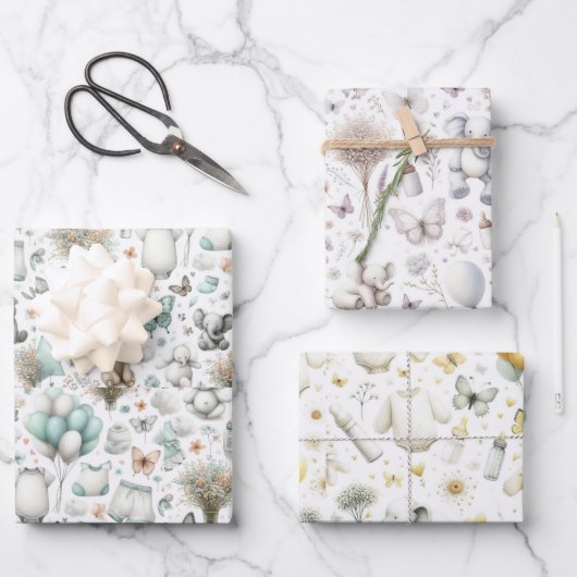 新生児ベイビーシャワー，男の子，女の子，中立， ラッピングペーパーシート (正面)