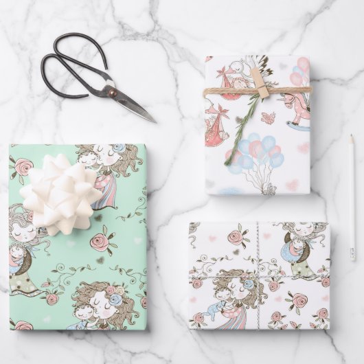 新生児ベビーシャワーママとベビー ラッピングペーパーシート (正面)