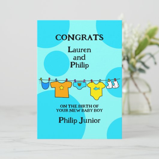 新生児ボーイおめでとうカスタマイズ可能カード サンキューカード (スタンド正面)
