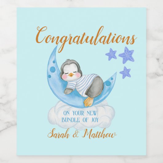 新生児ボーイおめでとうスリーピングペンギン ワインラベル (シングルラベル)