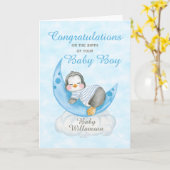 新生児ボーイブルーペンギンムーン カード (黄色い花)