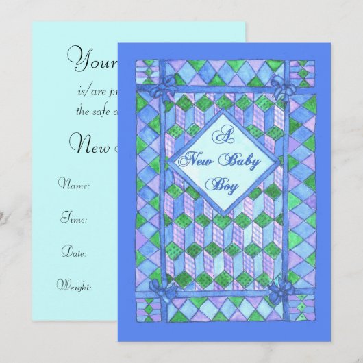 新生児ボーイ発表 – Cot Quilt 招待状 (正面/裏面)