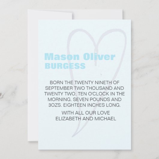 新生児ボーイsipと統計情報で表示 招待状 (裏面)