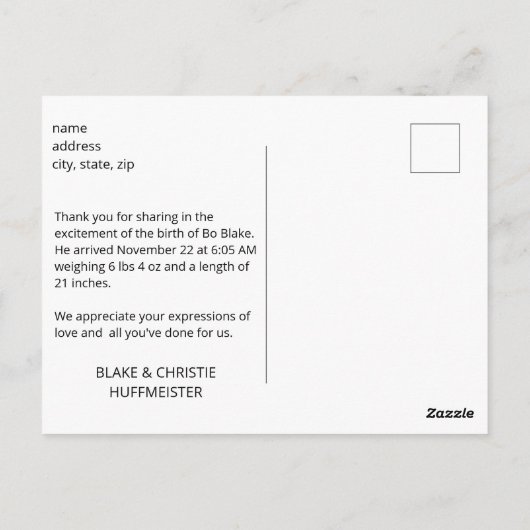 新生児モダン写真ありがとう ポストカード (裏面)