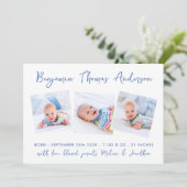 新生児モダン3フォトコラージングブルー誕生 案内状 (スタンド正面)